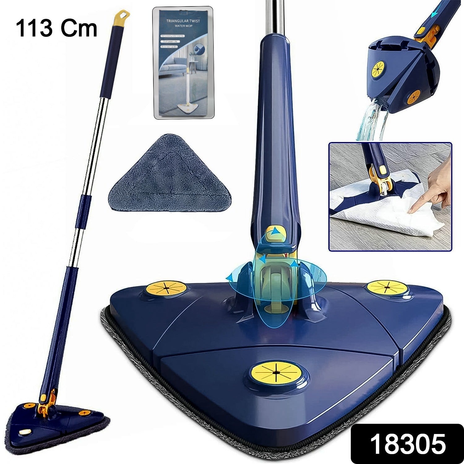 360° Rotatable Mop Triangle Mop with Long Handle (1 Pc / 113 Cm)