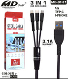3.1 Amp 3 in 1 Steel USB Fast Cable